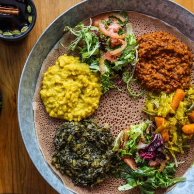moya_-16.jpg Veggie combo platter and other dishes at Ethiopian restaurant Moya in San Francisco, California on Friday, Feb. 17, 2023.